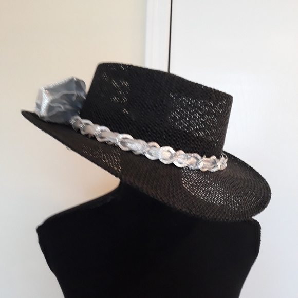 🖤👒Black Openweave Hat With Silver Hatband O/S - Picture 5 of 6